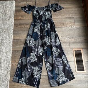 NWT Earthbound Trading Co Blue Boho Patchwork Viscose Wide Leg Jumpsuit Sz Small